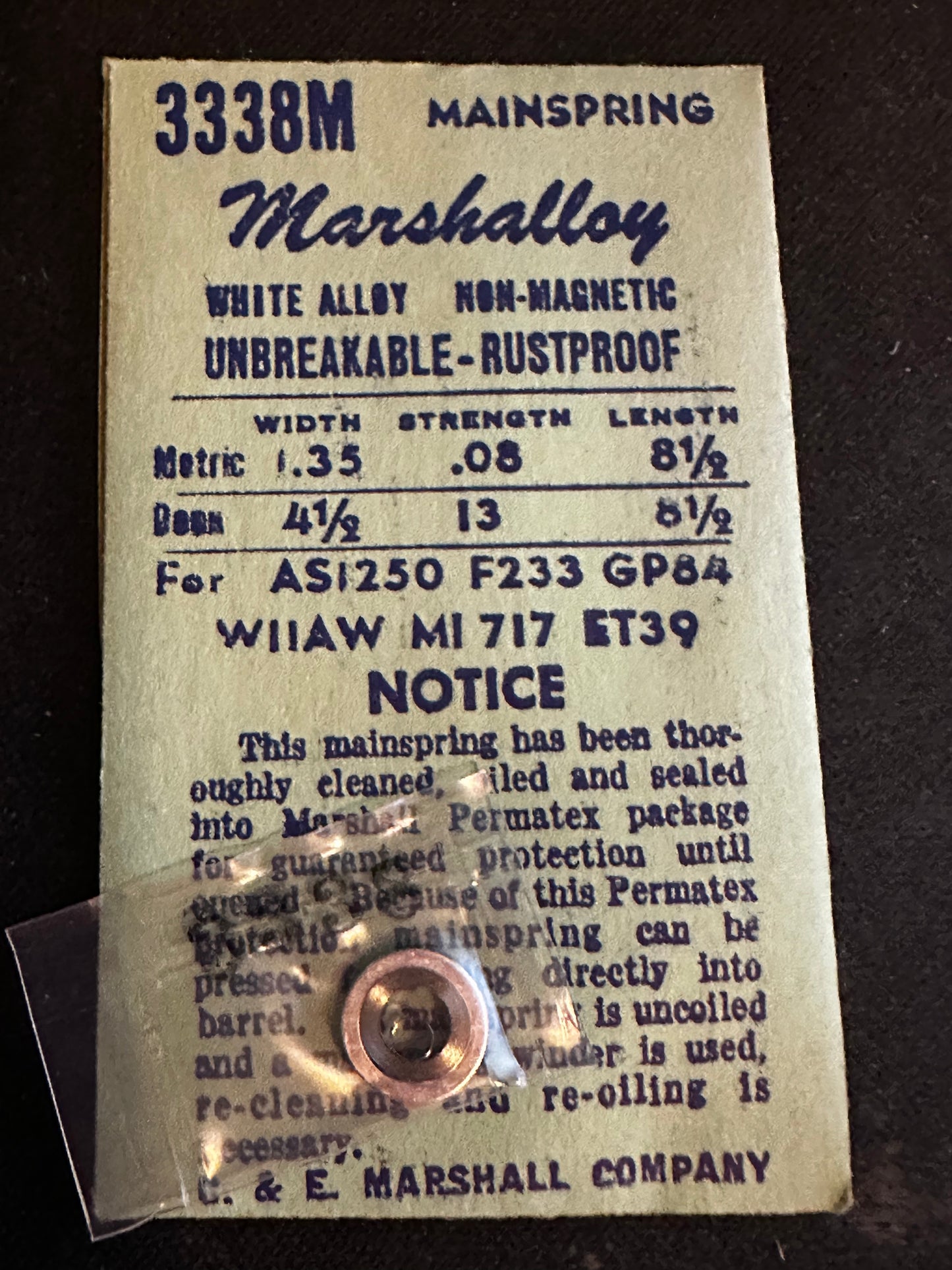 Marco Marshalloy Mainspring 3338M for Wittnauer 11AW, AS 1250, Eterna 39, 301, 391, 475 - Alloy