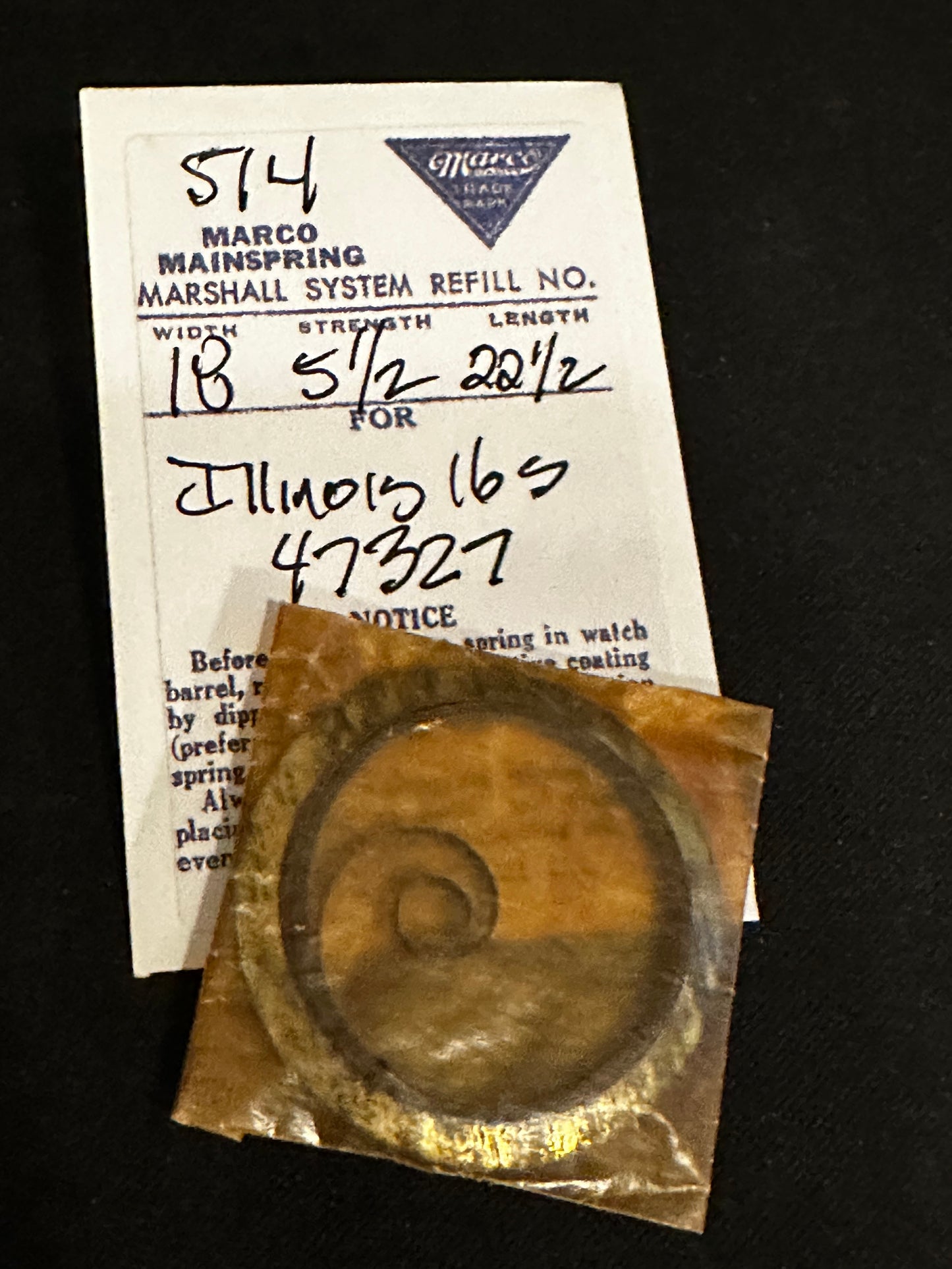 Marco Mainspring #514 for 16s Illinois 17j Factory No. 47327 - Steel