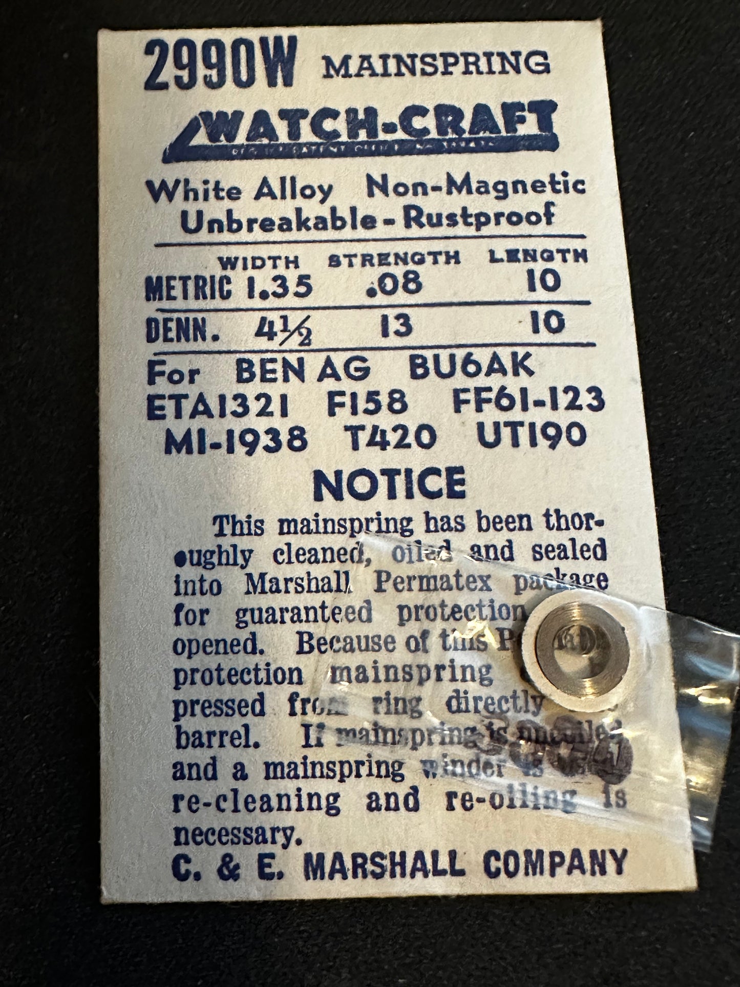 WATCH-CRAFT Mainspring 2990W for ETA 1321, Bulova 6AK, Mido 1938, Tavannes 420 - Alloy