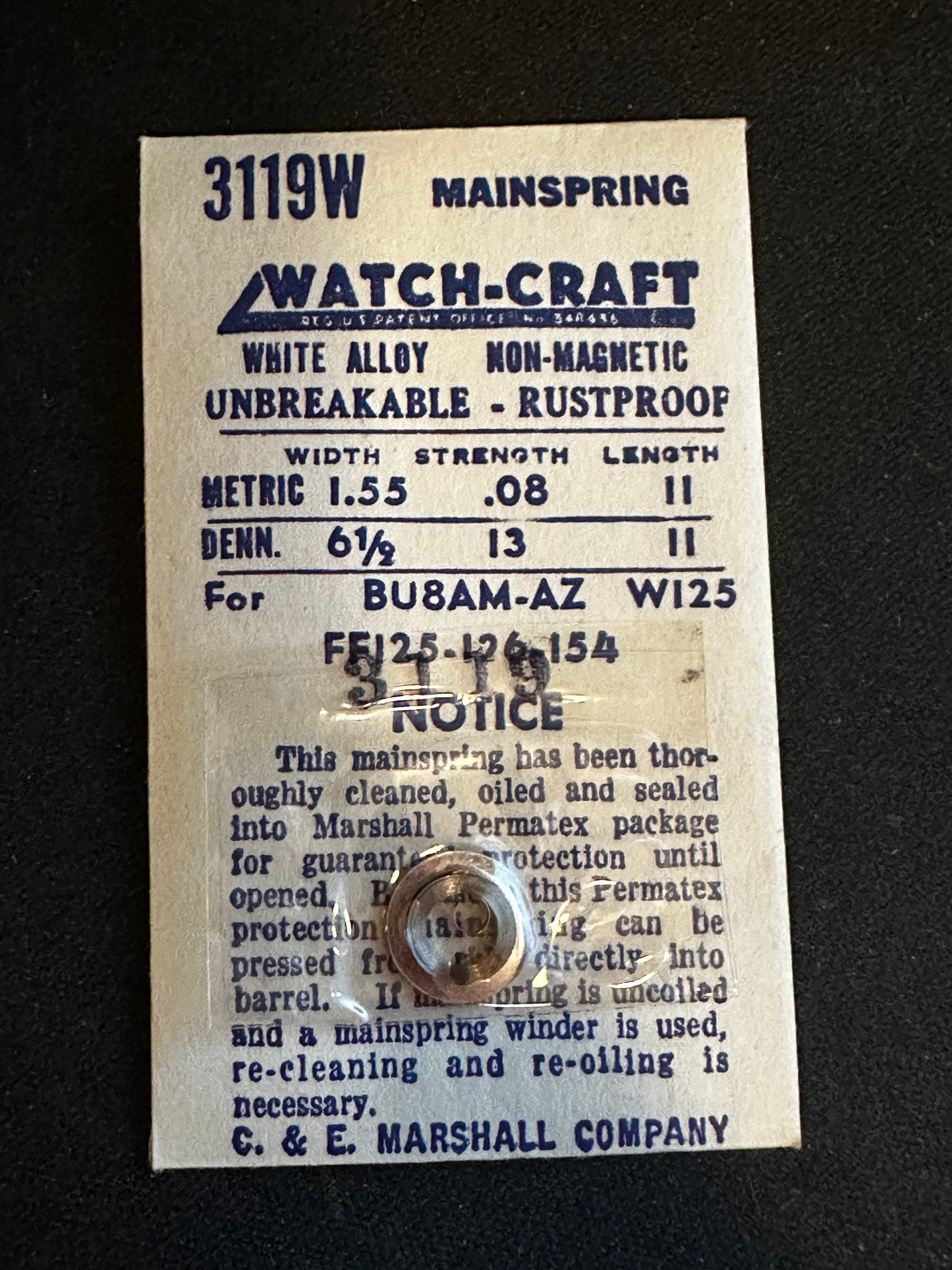 WATCH-CRAFT Mainspring 3119W for Bulova 8AM, 8AZ, Font 125, 126, 154 - Alloy