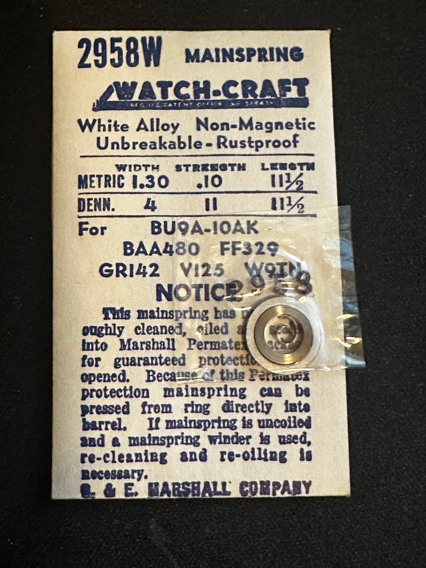 WATCH-CRAFT Mainspring 2958W for Bulova 9A, 10AK, 10BK, 10BM, Venus 125, Buren 480, Gruen 142 - Alloy