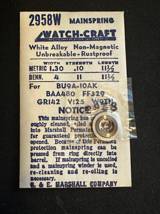 WATCH-CRAFT Mainspring 2958W for Bulova 9A, 10AK, 10BK, 10BM, Venus 125, Buren 480, Gruen 142 - Alloy