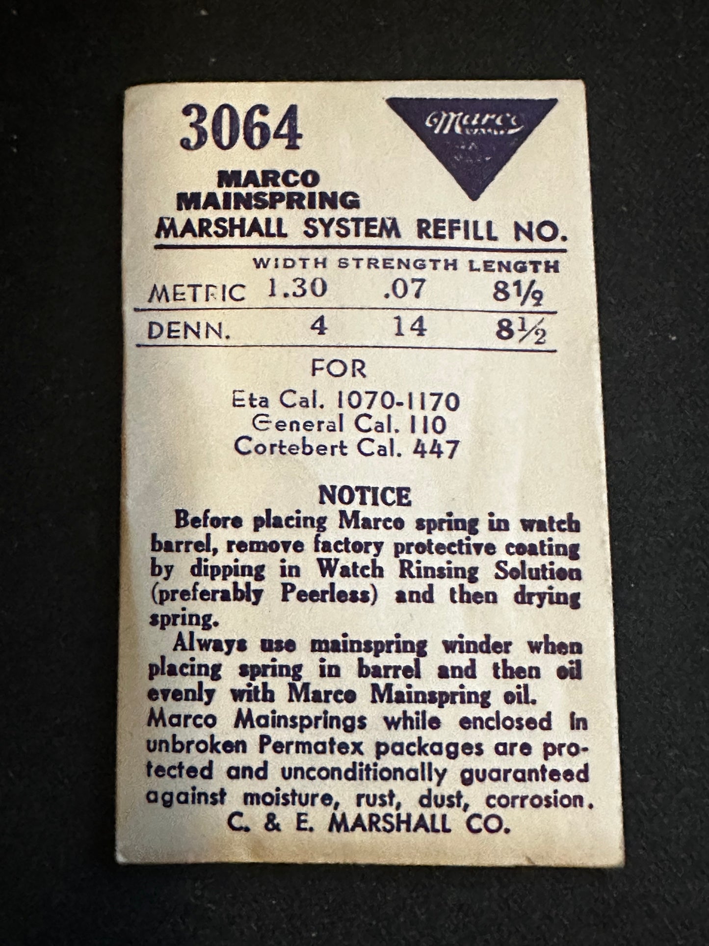 Marco Mainspring #3064 for Buren 535, General 110, ETA 1070, 1170 - Steel