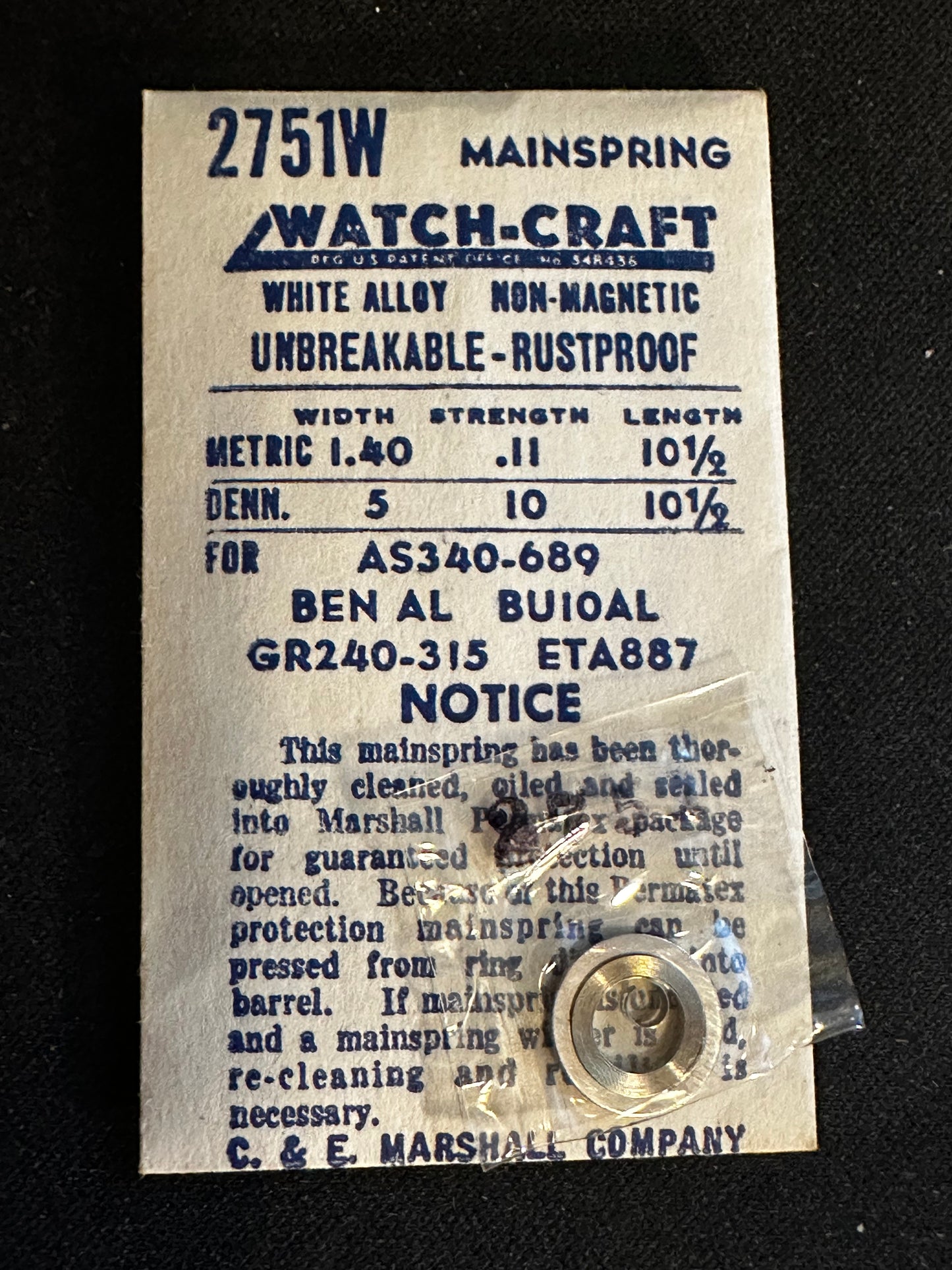 WATCH-CRAFT Mainspring 2751W for AS 340, 689, ETA 887, Gruen 240, 315, Bulova 10AL - Alloy