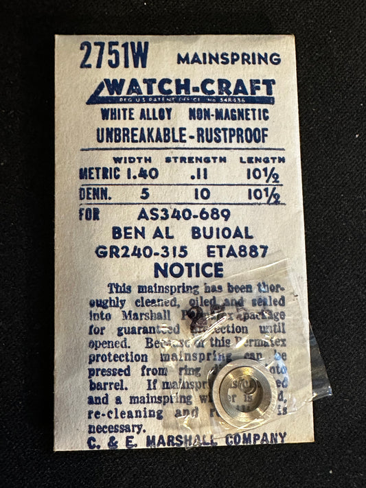WATCH-CRAFT Mainspring 2751W for AS 340, 689, ETA 887, Gruen 240, 315, Bulova 10AL - Alloy