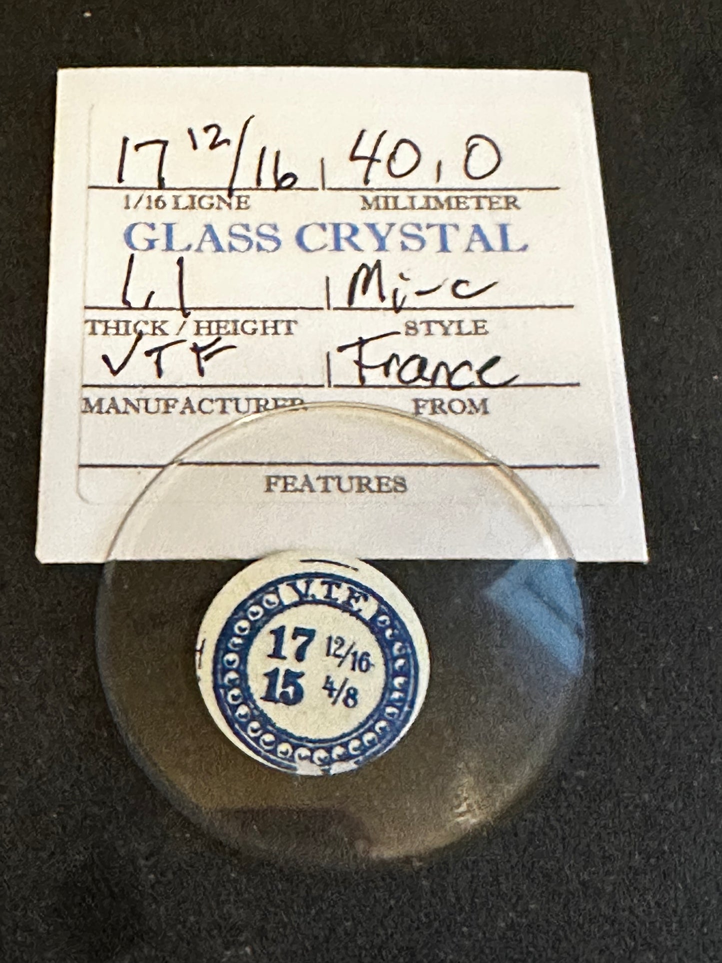 VTF Vintage Glass Pocket Watch Crystal 17-12/16 (~40.0mm) - NOS