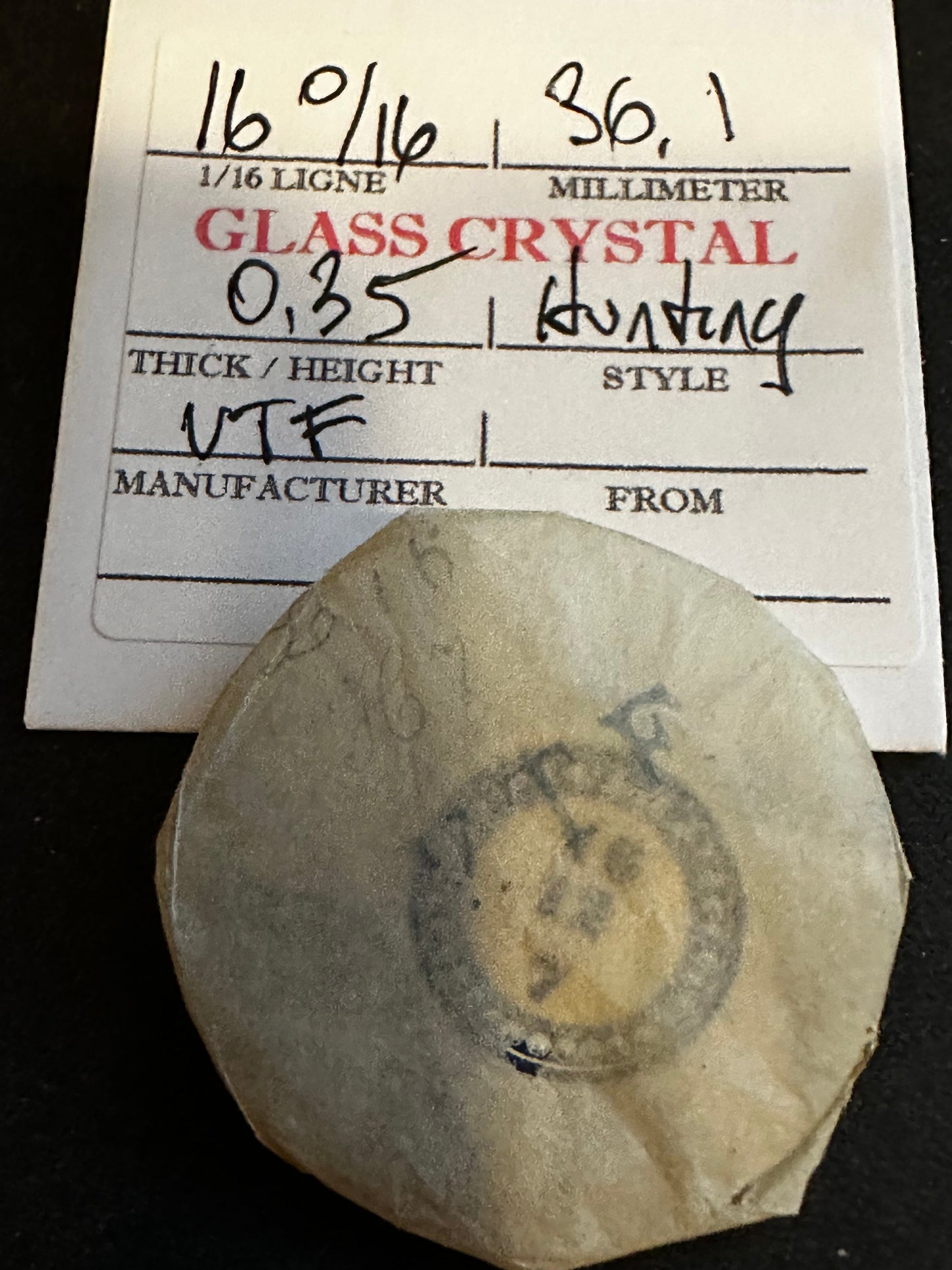 VTF Vintage Glass Hunting Case Watch Crystal 16-0/16 (~36.1mm) - NOS