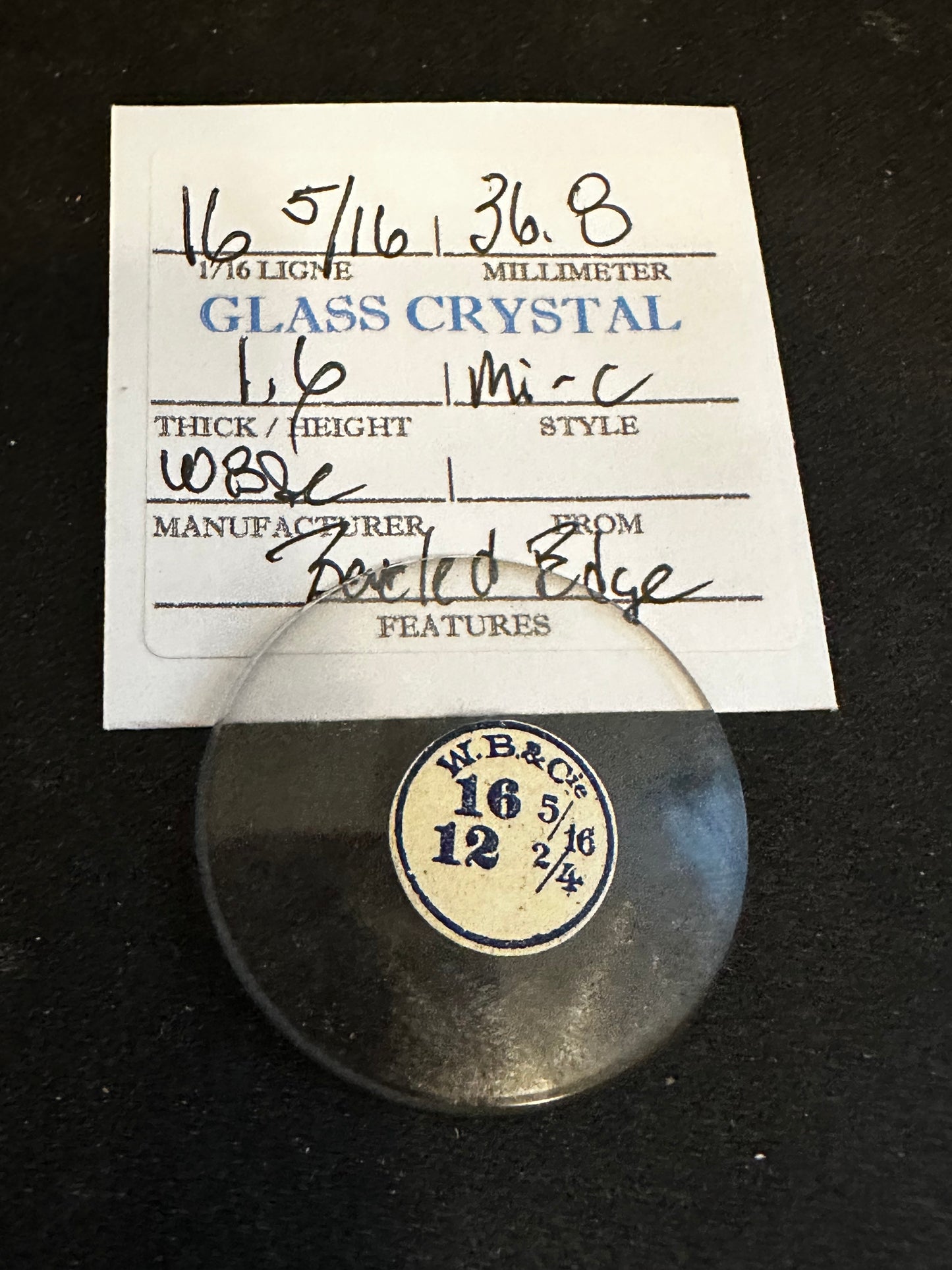 W. B. & C. Vintage Glass Watch Crystal 16-5/16 (~36.8mm) - NOS