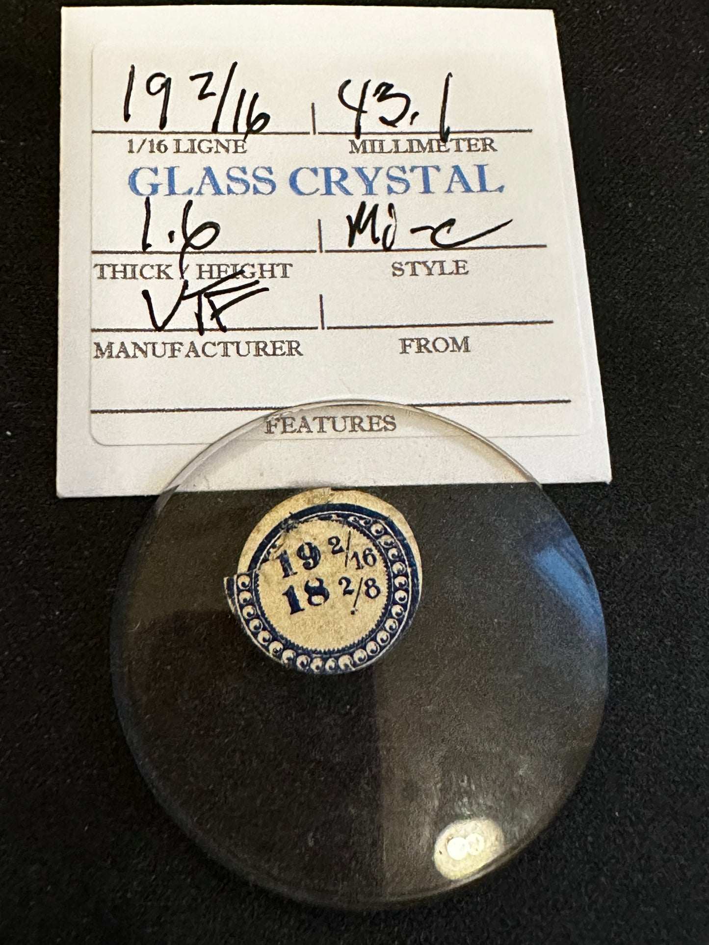 VTF Vintage Glass Pocket Watch Crystal 19-2/16 (~43.1mm) - NOS