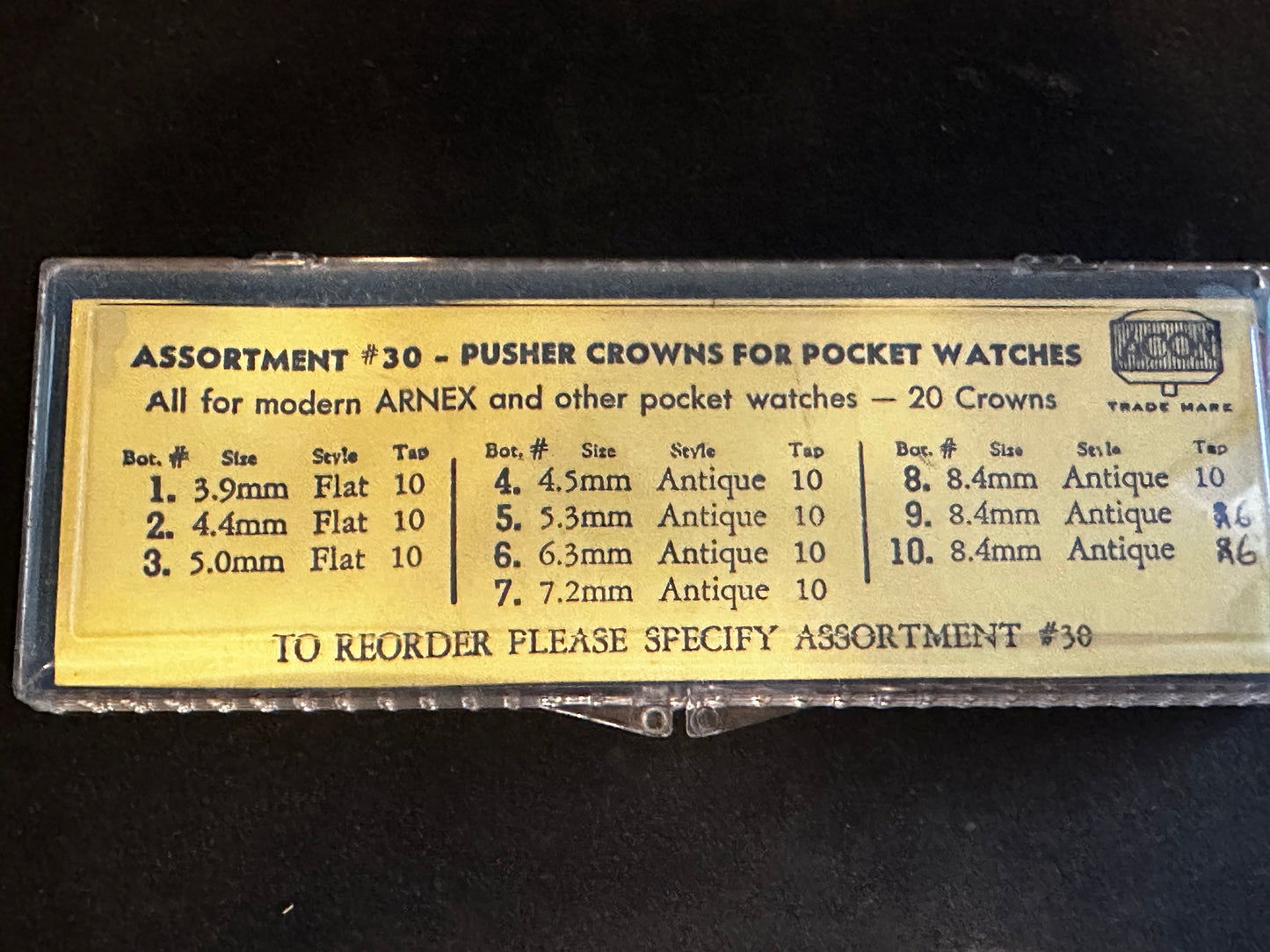 ACON Assortment #30 of Pusher Crowns for Pocket Watches in Box
