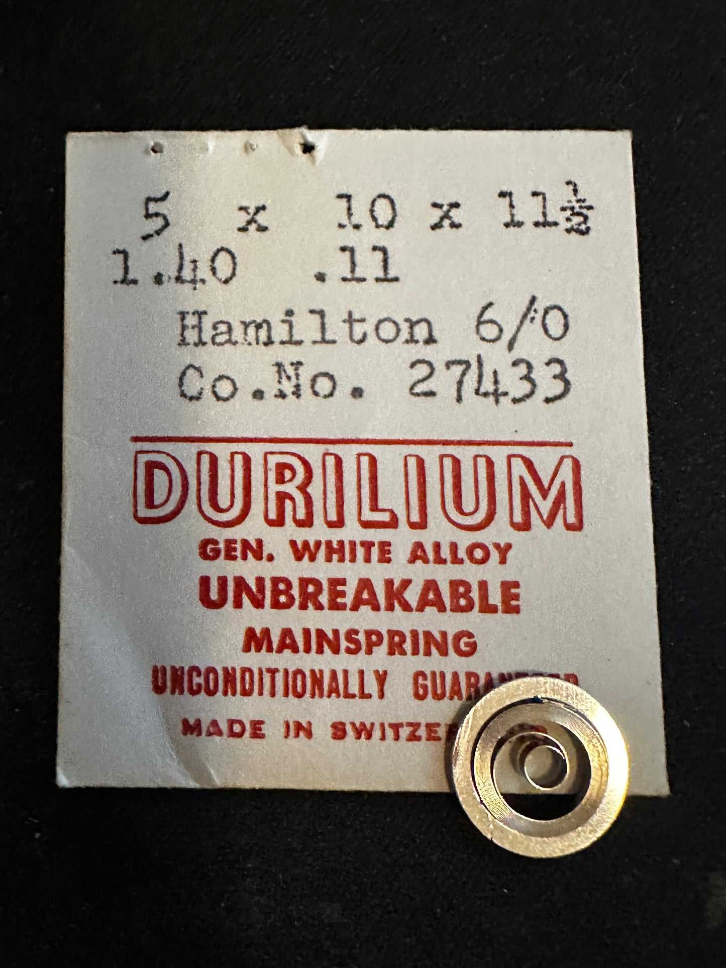 Durilium Mainspring for Hamilton 6/0s No. 27433 - Alloy