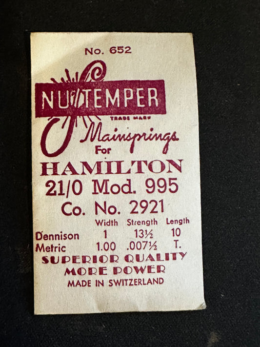 NuTemper Mainspring #652 for 21/0s Hamilton No. 2921 - Steel