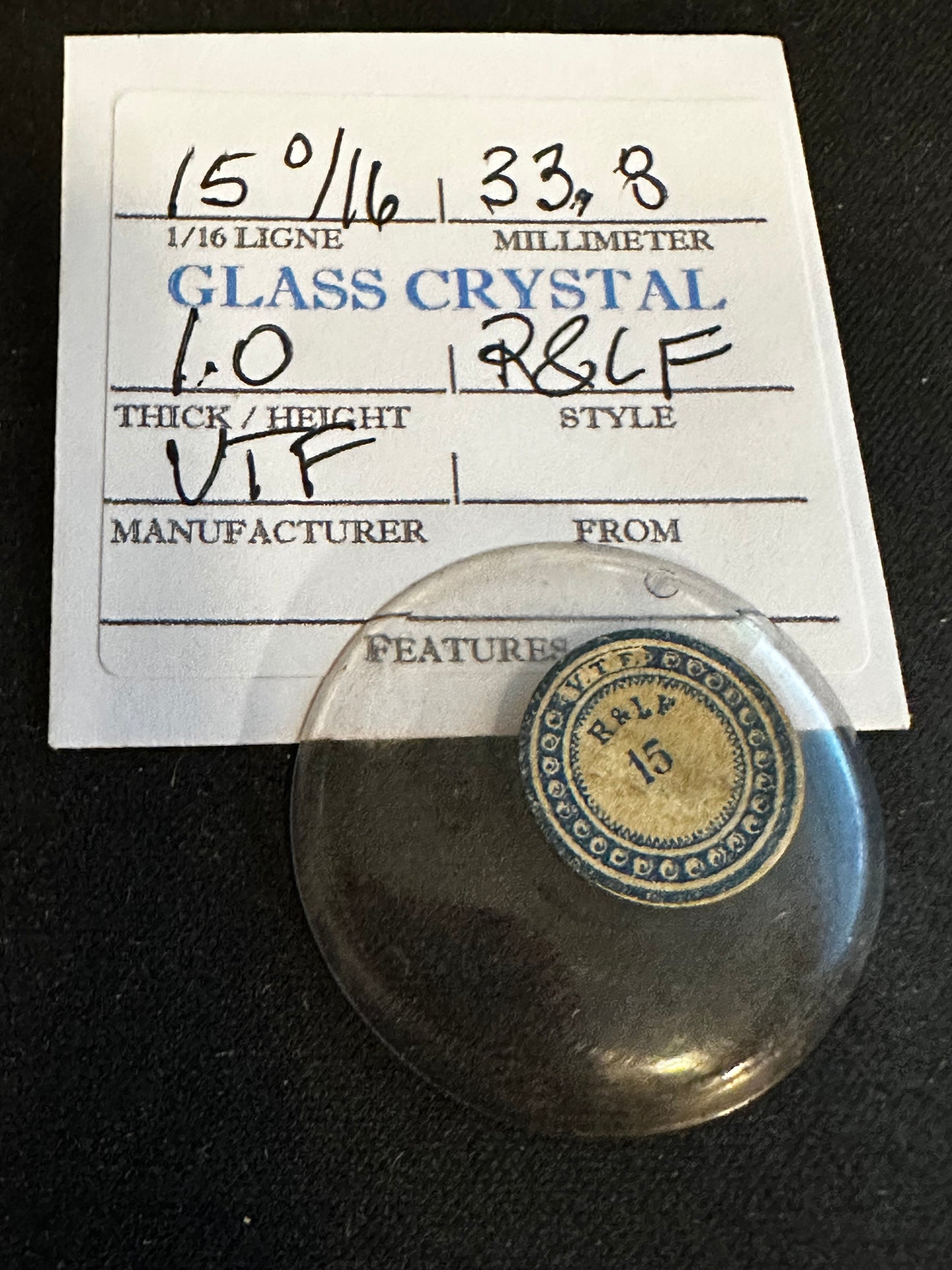VTP Vintage Glass Watch Crystal "R & L F" 15-0/16 (33.8mm) - NOS