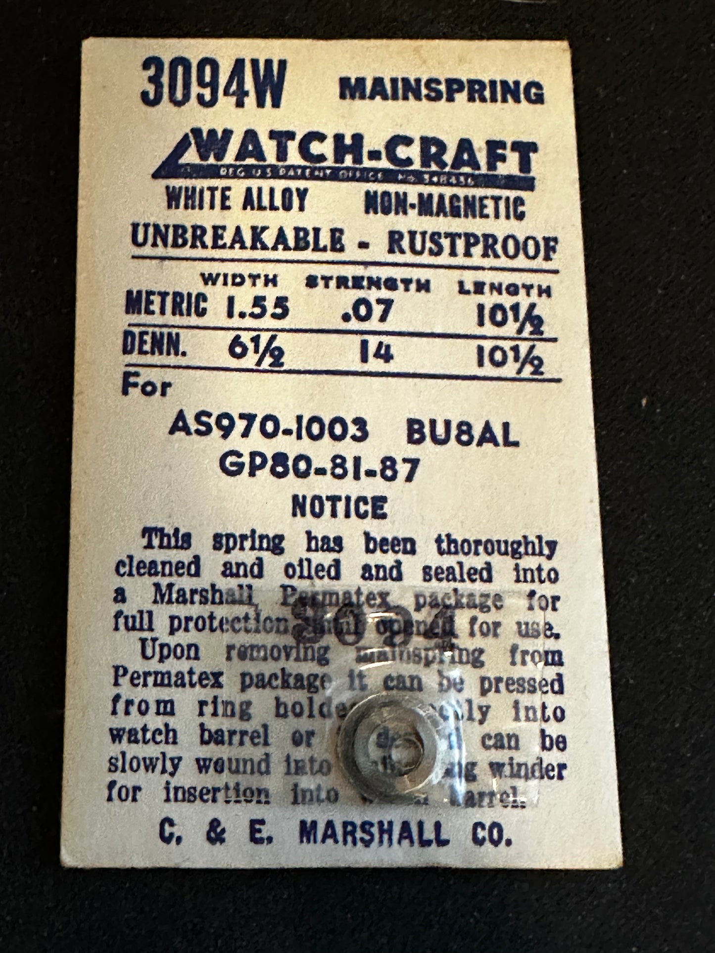 WATCH-CRAFT Mainspring 3094W for Bulova 8AL, GP 80, 81, 87, AS 970, 1003 - Alloy
