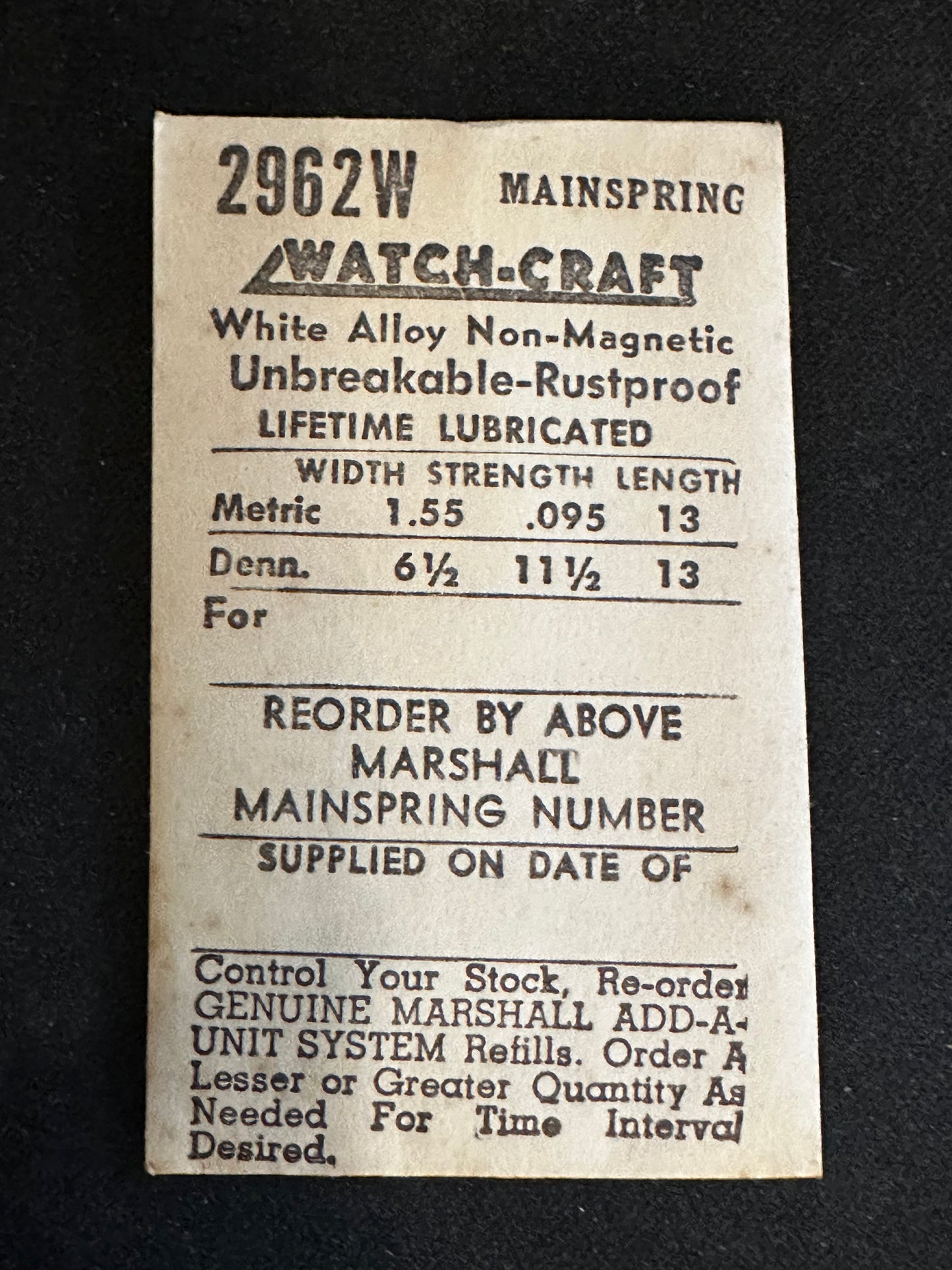 WATCH-CRAFT Mainspring 2962W for Universal 262, Buren 380, AS 574, 954, Unitas 560 - Alloy