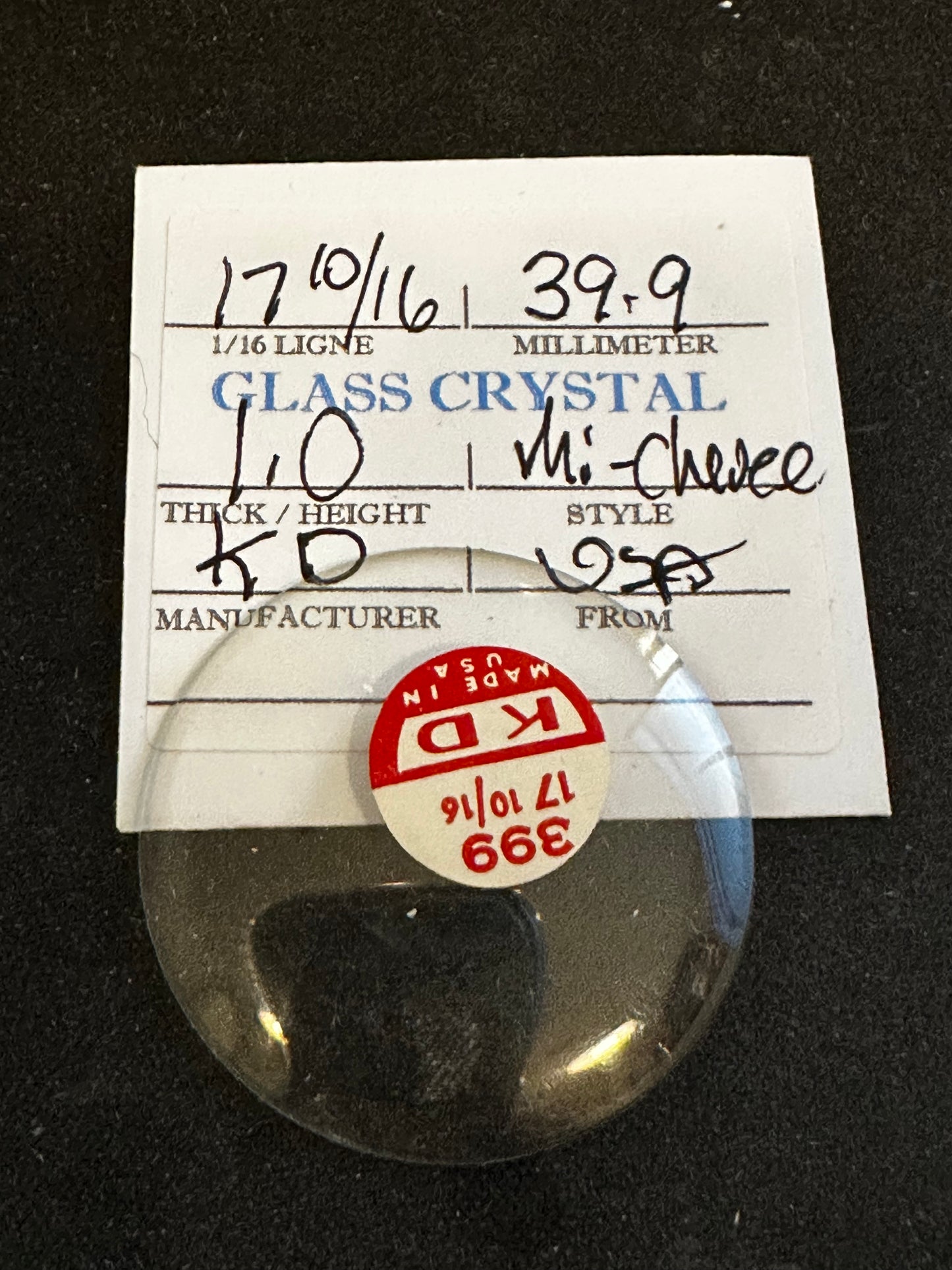 K D Mi-Chevee Vintage Glass Pocket Watch Crystal 17-10/16 (39.9mm) - NOS