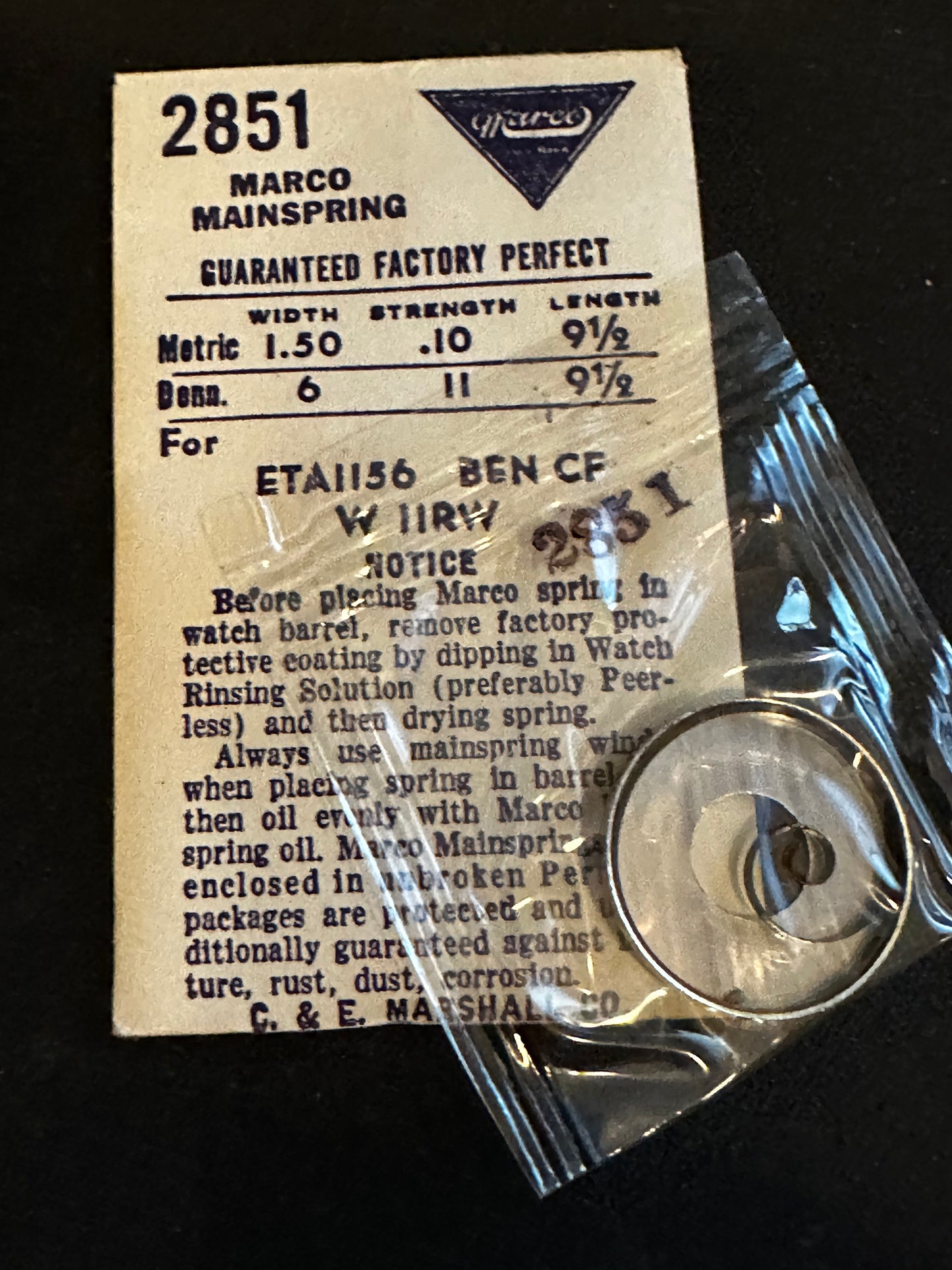 Marco Mainspring #2851 for Benrus CF, Wittnauer 11RW, ETA 1156 - Steel