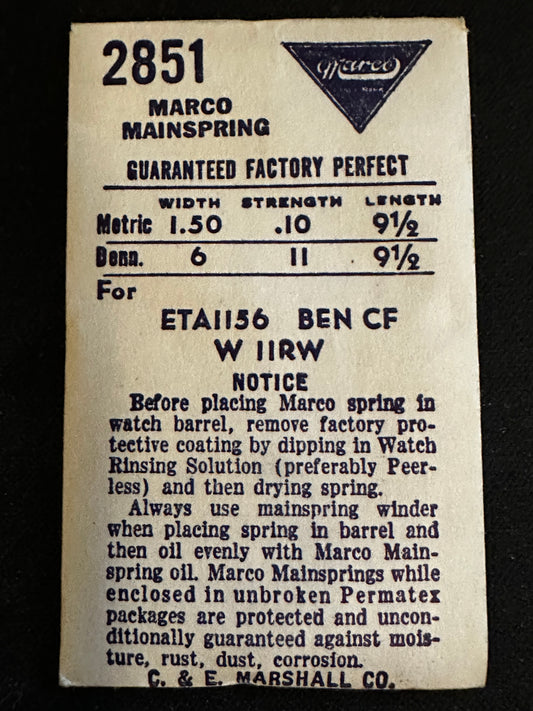 Marco Mainspring #2851 for Benrus CF, Wittnauer 11RW, ETA 1156 - Steel