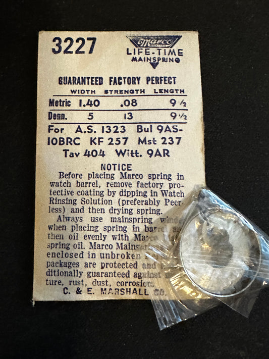 Marco Mainspring #3227 for AS 1323, Bulova 9AS, 10BRC, Kurth 257, 258, Tavannes 404 - Steel