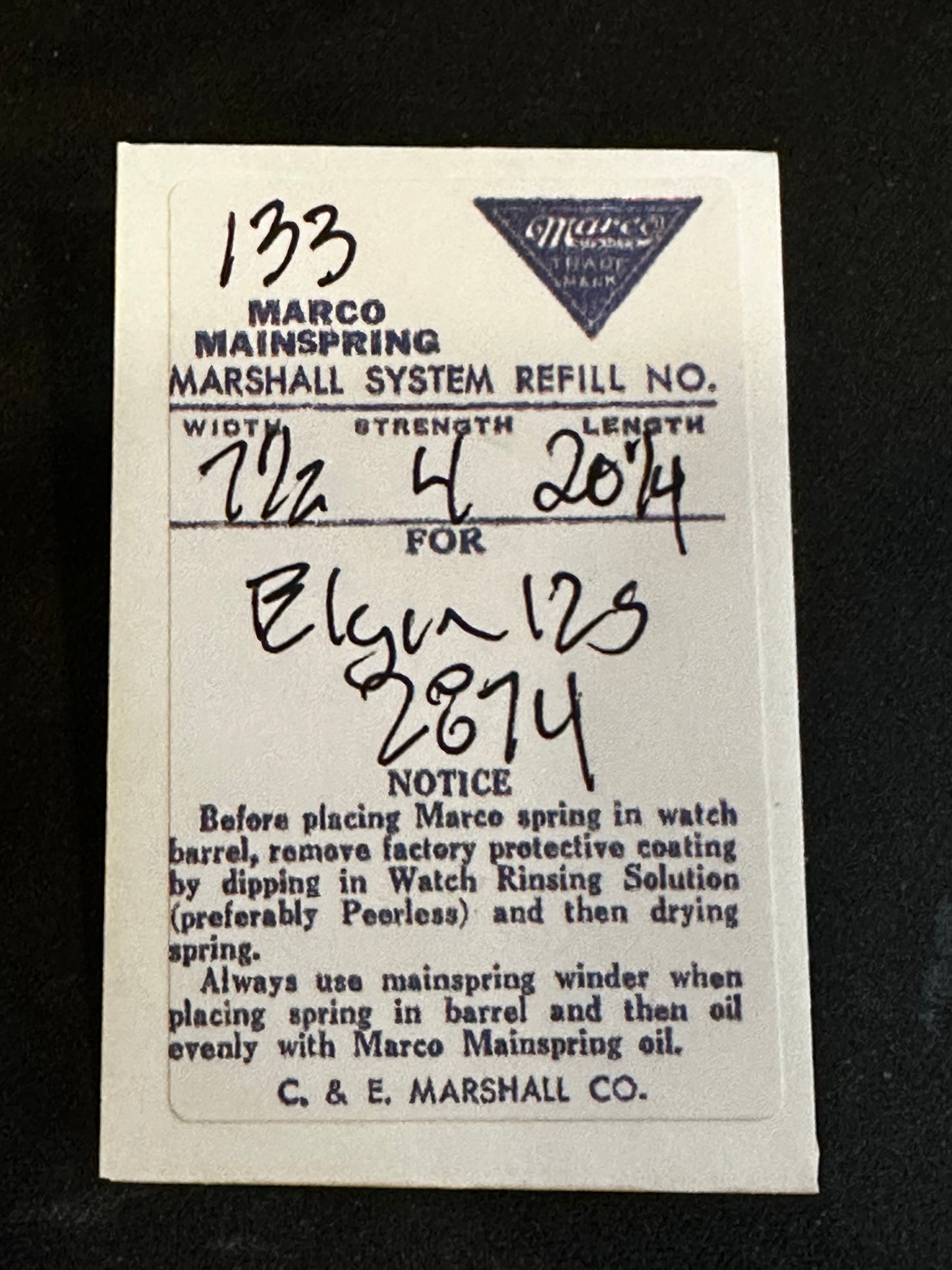 Marco Mainspring #133 for 12s Elgin Factory No. 2874 - Steel
