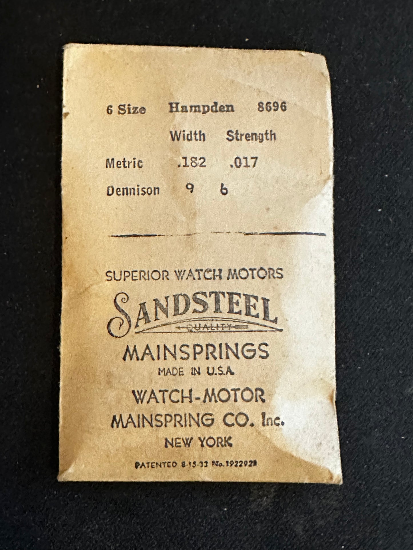 Sandsteel Mainspring for 6s Hampden Factory No. 8696 - Steel