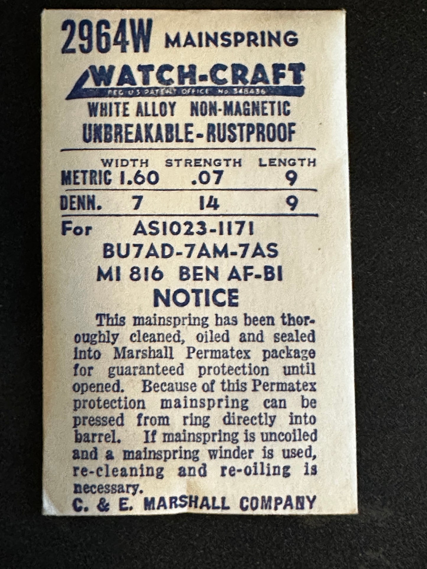 WATCH-CRAFT Mainspring 2964W for AS 1023, 1171, Benrus AF, BI, Bulova 7AD, 7AM, 7AS - Alloy