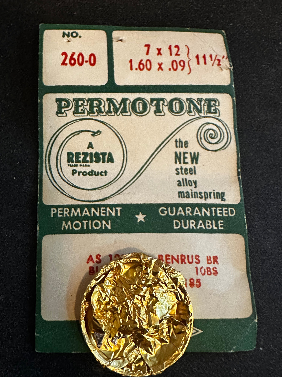 Rezista Permotone Mainspring No. 260-0 for Bulova 10BC, 10BS, Unitas 180, 185, AS 1200 - Alloy)