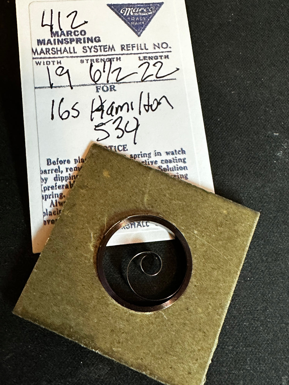 Marco Mainspring #412 for Hamilton 16s Model 992, 996, 950, 952 No. 534 - Steel