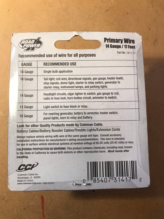 14 GA 17 Foot Primary Wire in WHITE by Coleman Cable - New in packaging