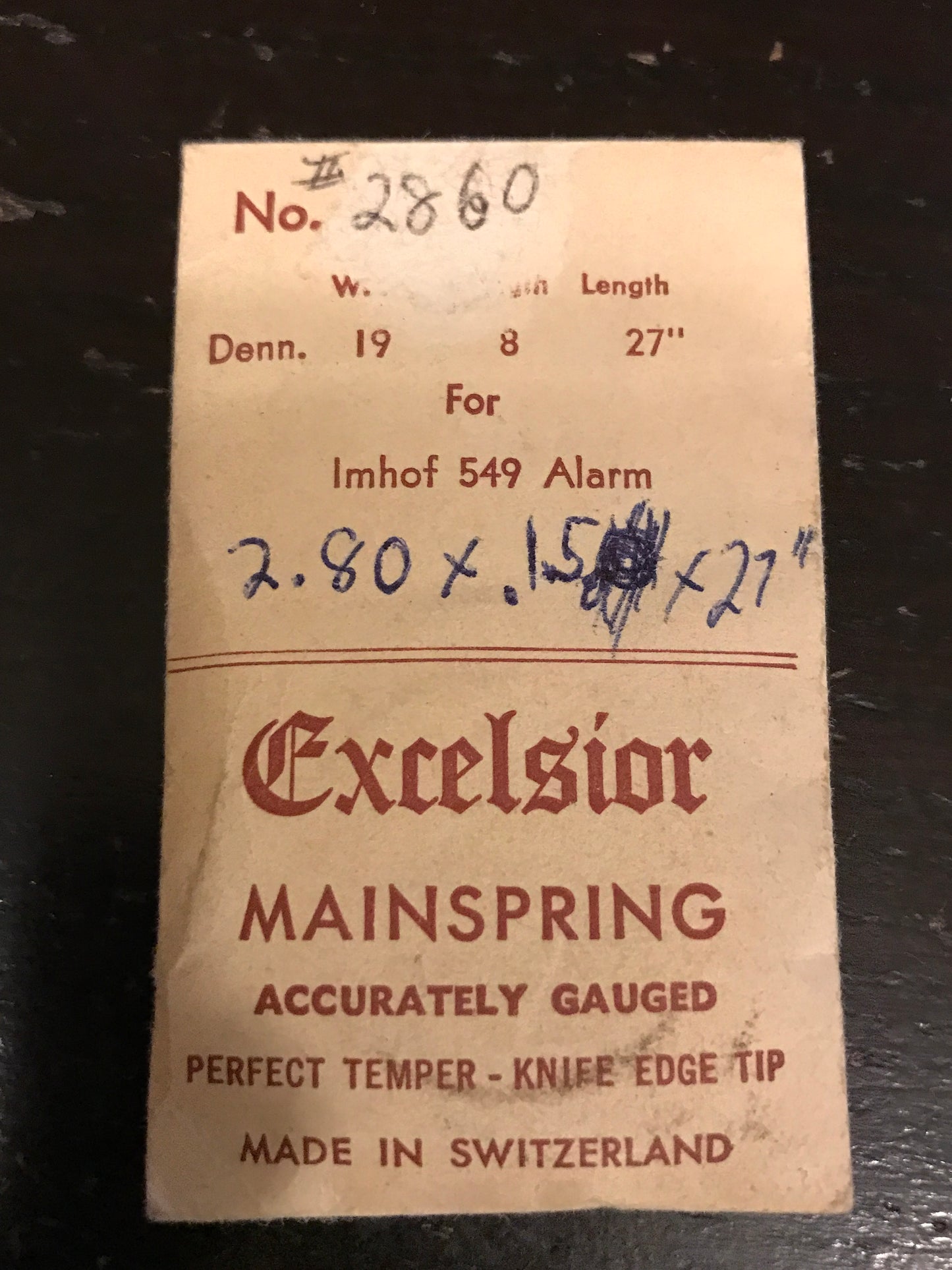 Excelsior #2860 ALARM Mainspring for Imhof Model 549 Alarm / Travel Clocks