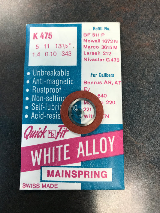 HR Quick Fit Mainspring No. K475 for Movado 220, 221, Cort 640 & Benrus AR, AT - Alloy