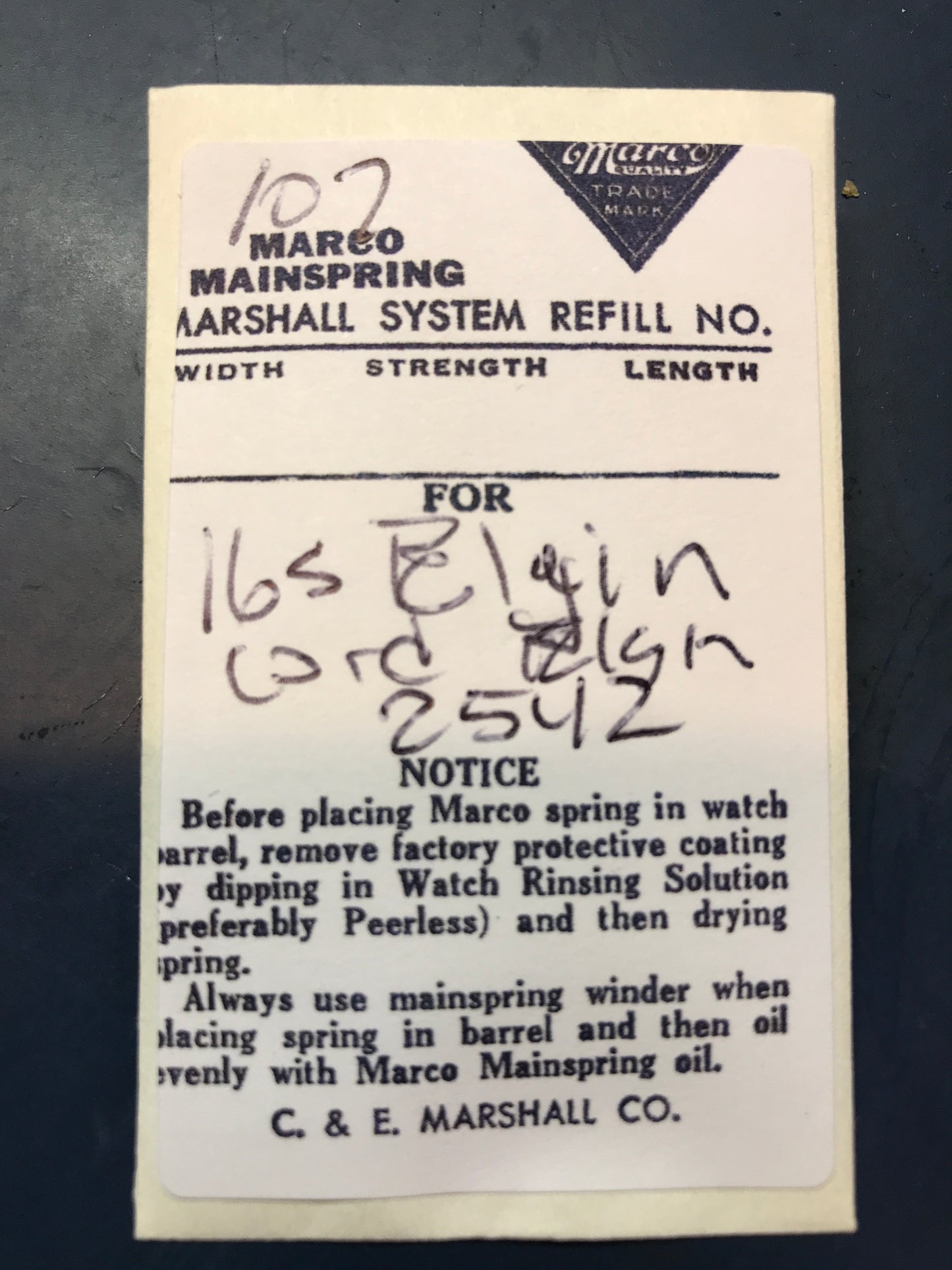 Marco Mainspring #107 for Elgin 16s Lord Elgin Factory No. 2542 - Steel
