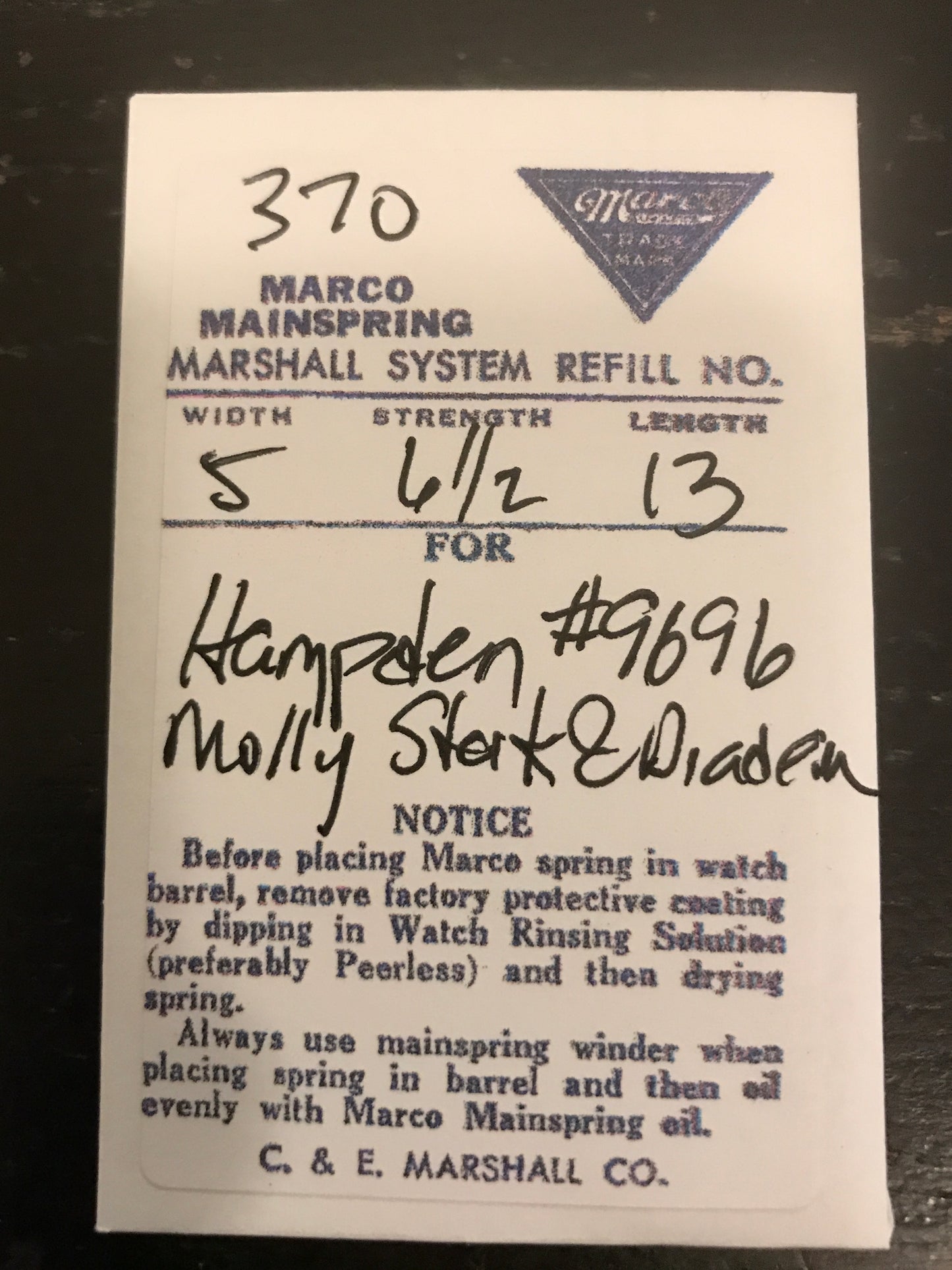 Marco Mainspring #370 for Hampden 3/0s & 5/0s Factory No. 9696 - Steel