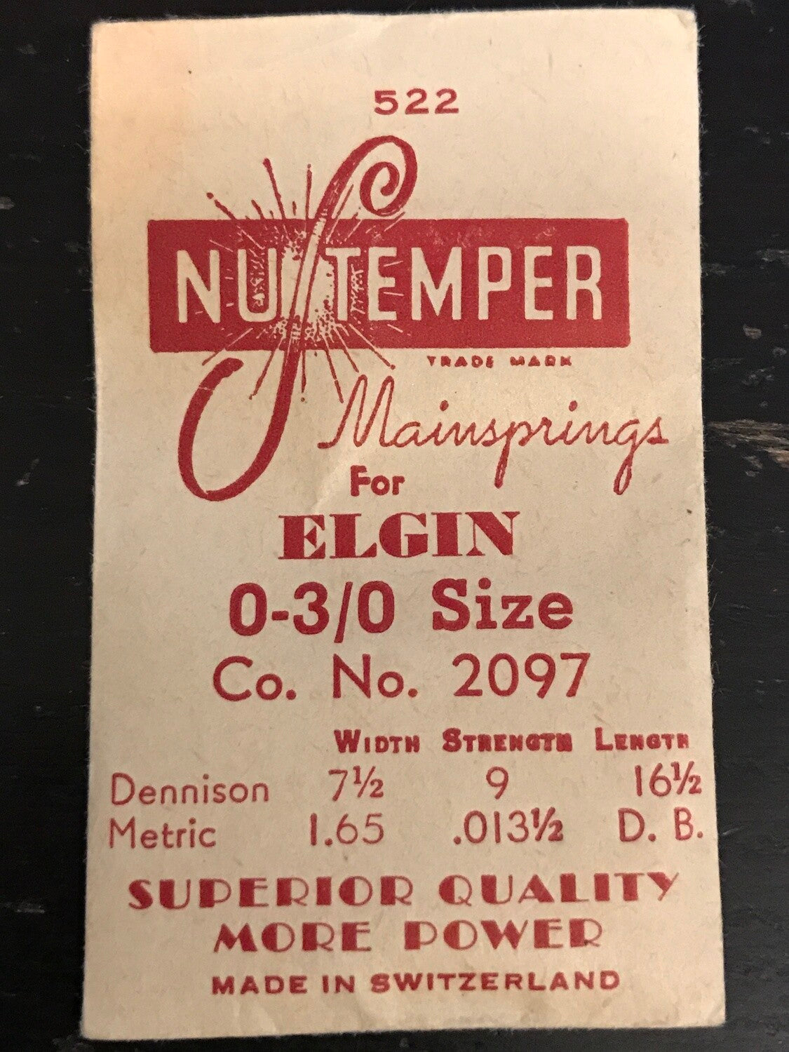 NuTemper Mainspring #522 for Elgin 0s & 3/0s No. #2097 - Steel