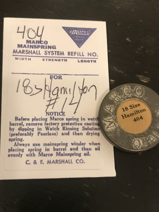 Marco Mainspring #404 for 18s Hamilton Motor Barrel Factory No. 14 - Steel