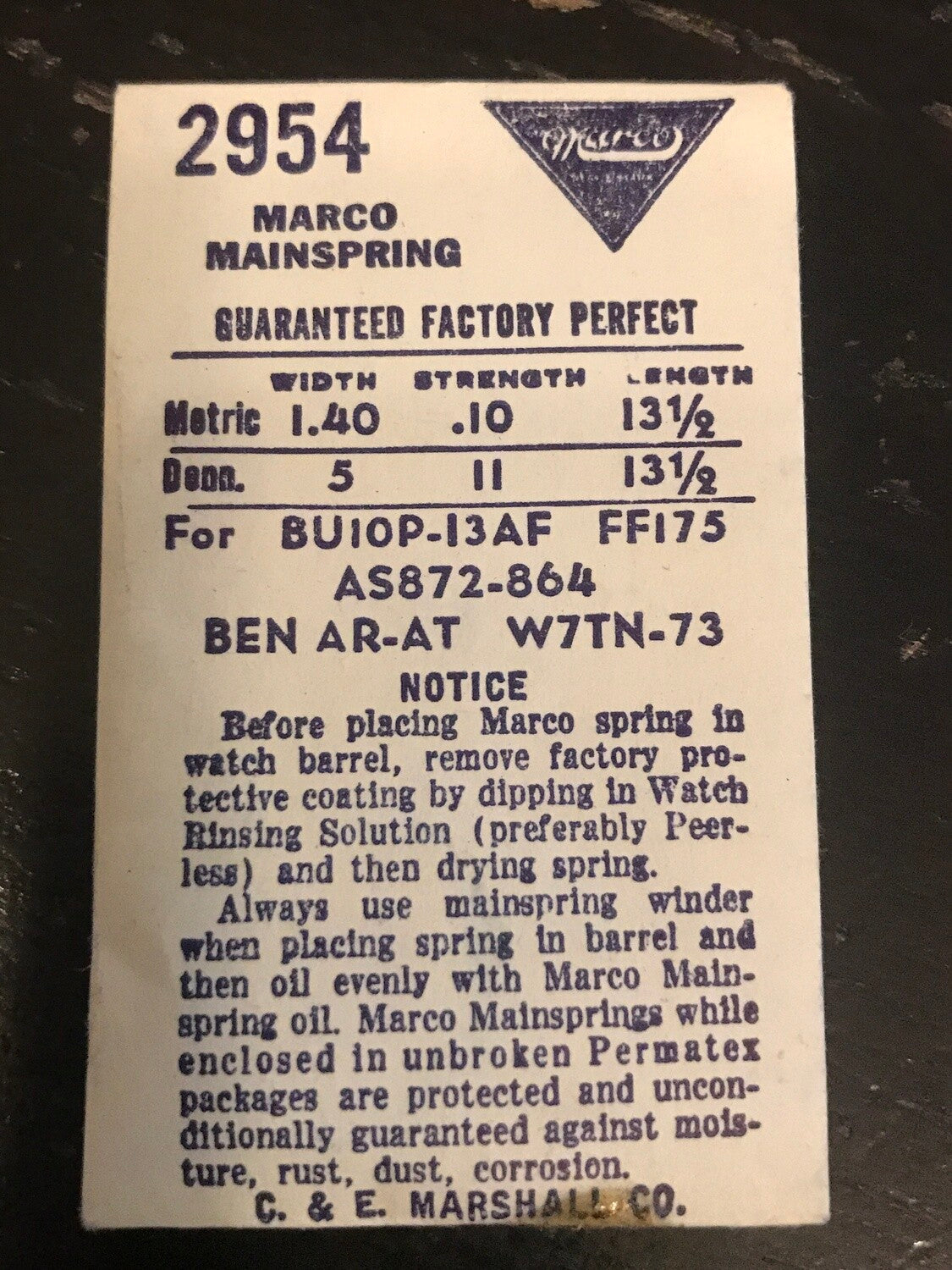 Marco Mainspring #2954 for Bulova 10P, 13AT, 13AF, AS 872, 864, Wittnauer 7TN-73 - steel