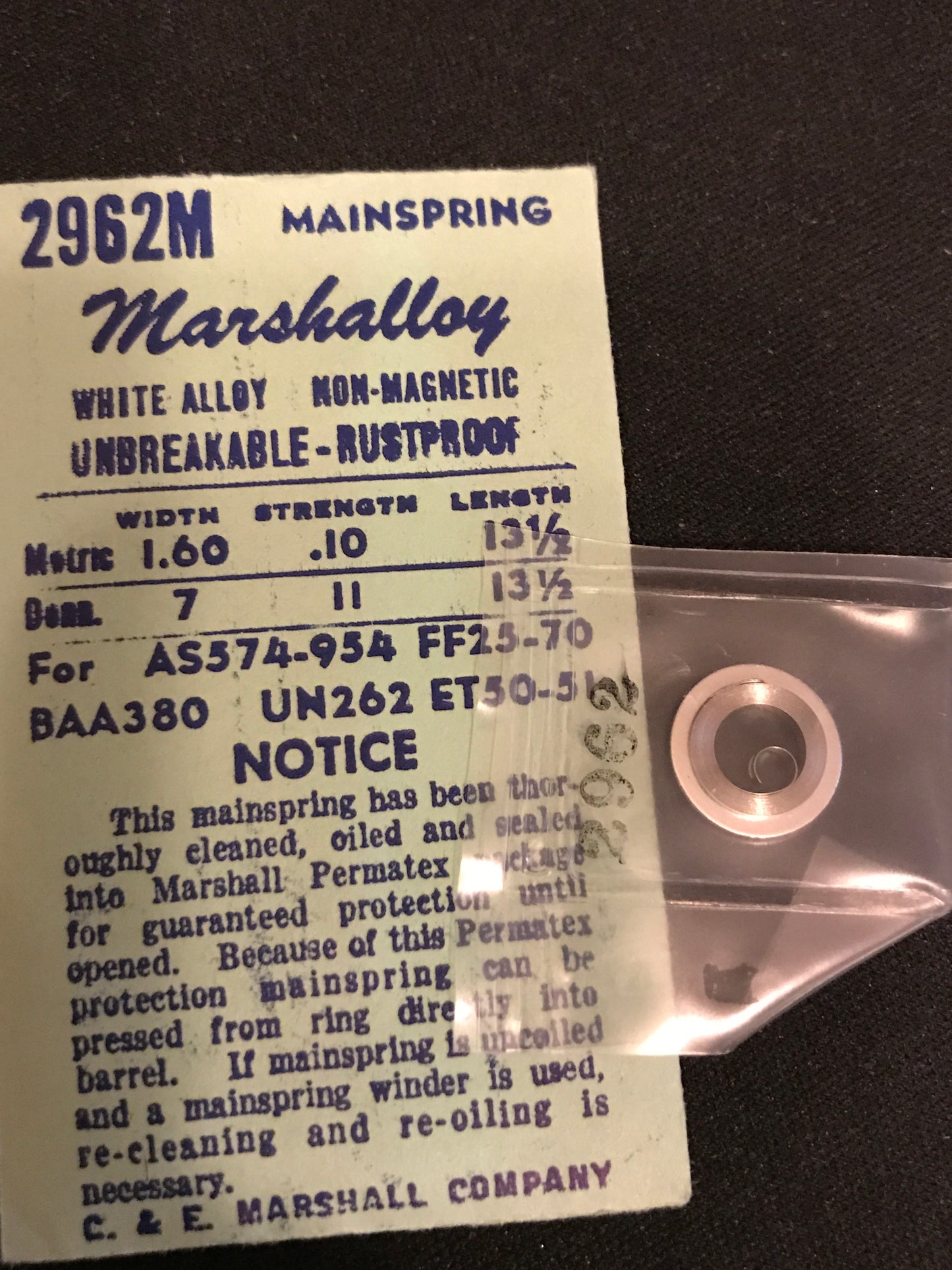 C&E Marshall Marshalloy Mainspring 2962M for Universal 262, Buren 380, AS 574, 954 - Alloy