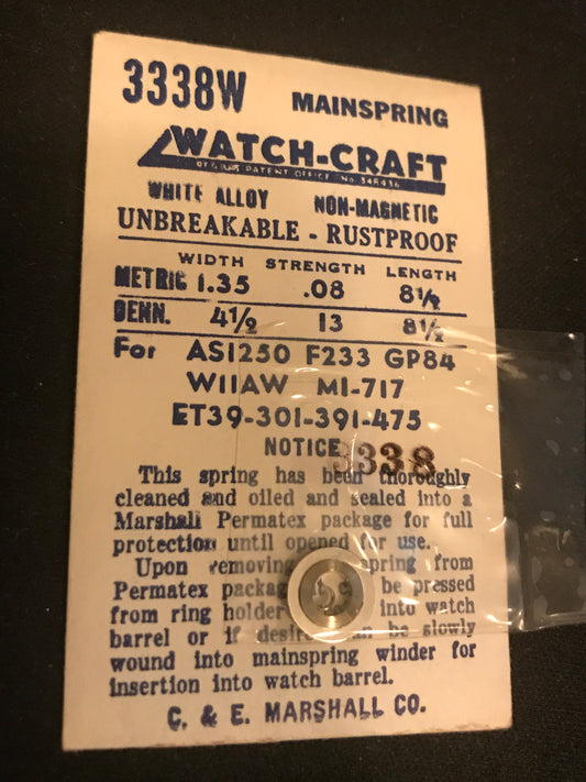 WATCH-CRAFT Mainspring 3338W for Wittnauer 11AW, AS 1250, Eterna 39, 301, 391, 475 - Alloy