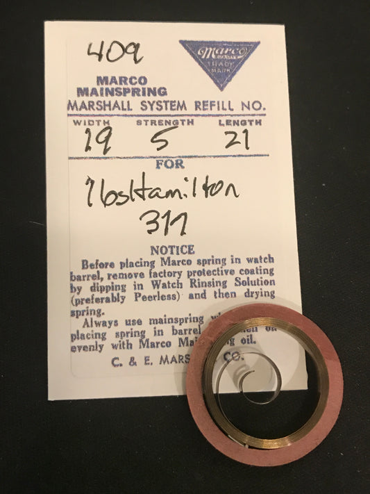 Marco Mainspring #409 for Hamilton 16s Model 960 to 973, No. 317 - Steel