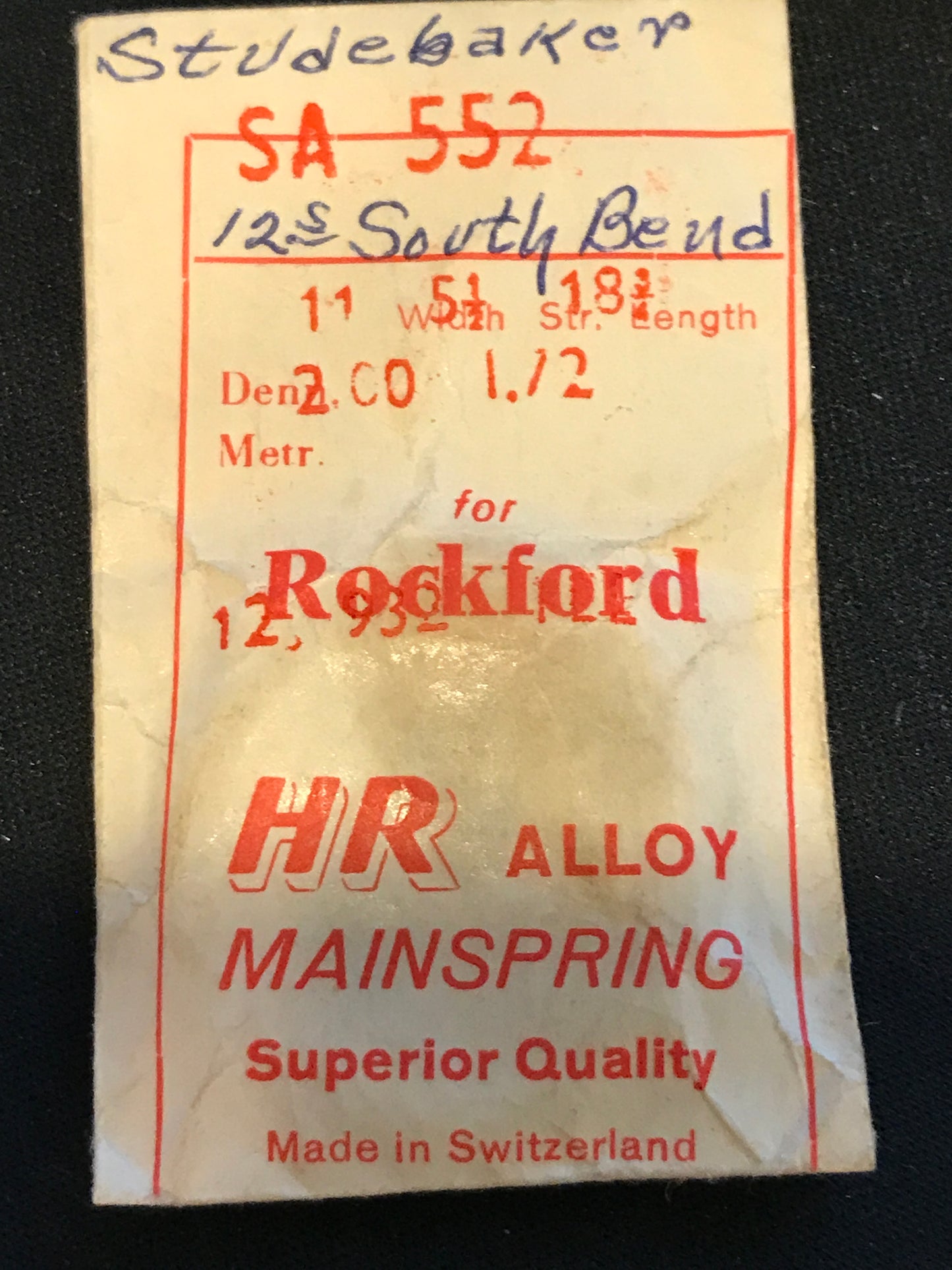 HR Mainspring SA552 for 12s Rockford Factory No. 932 - Alloy