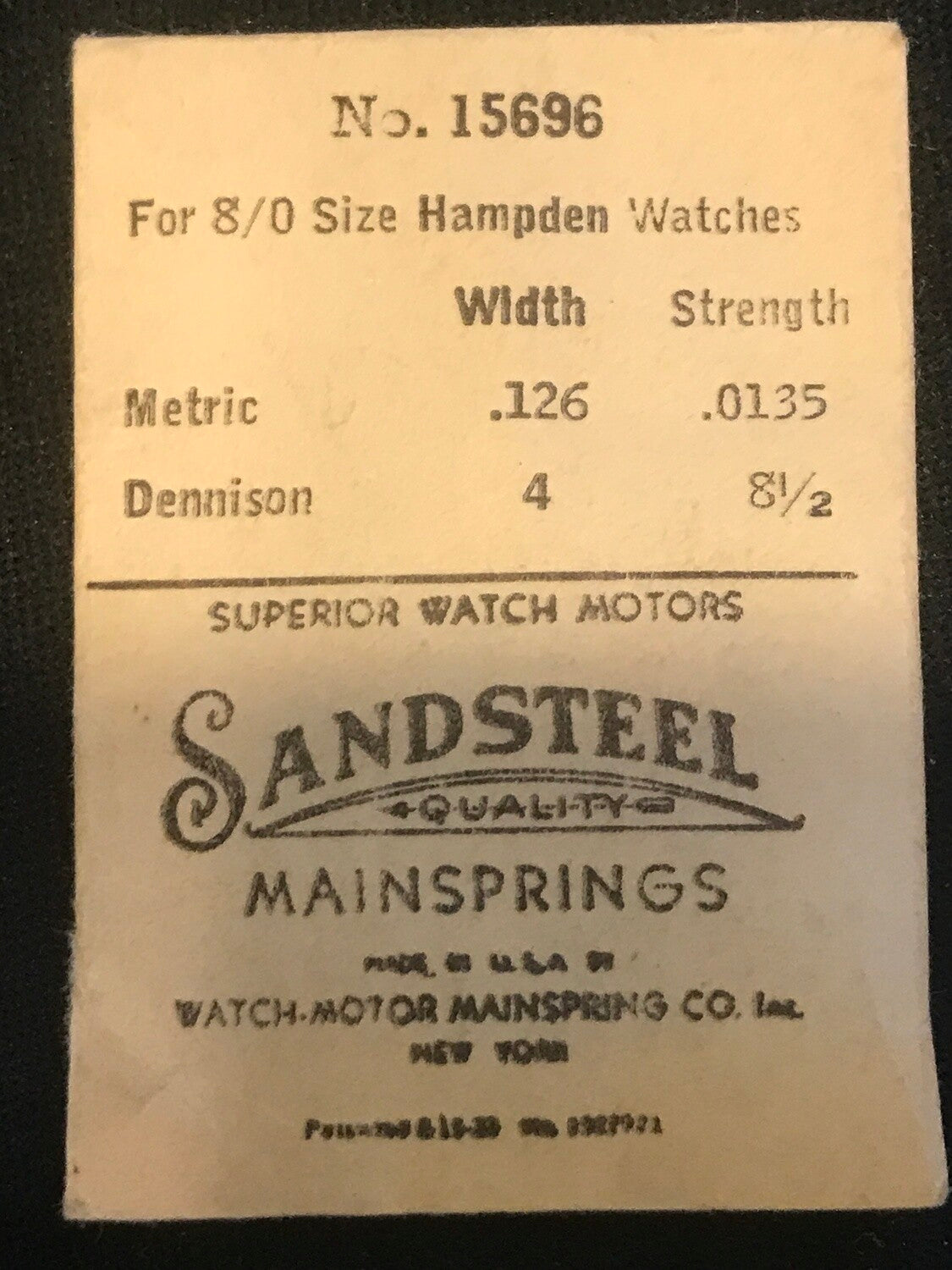 Sandsteel Mainspring for 8/0s Hampden Factory No. 15696 - Steel