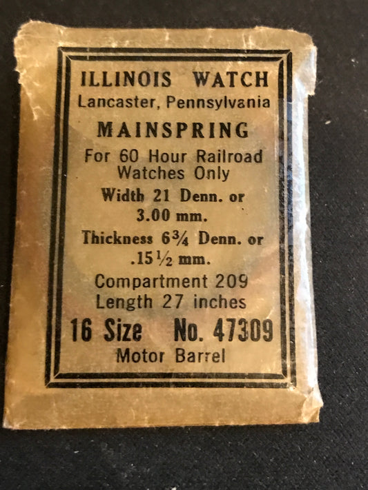 Illinois Factory Mainspring No. 47309 for 16s 60hr Railroad Watches - Steel