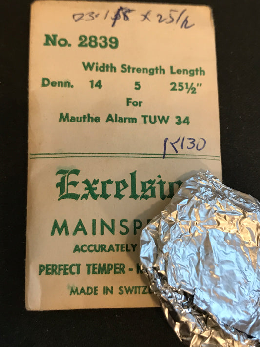 Excelsior #2839 ALARM Mainspring for Mauthe TUW 34 Alarm / Travel Clocks