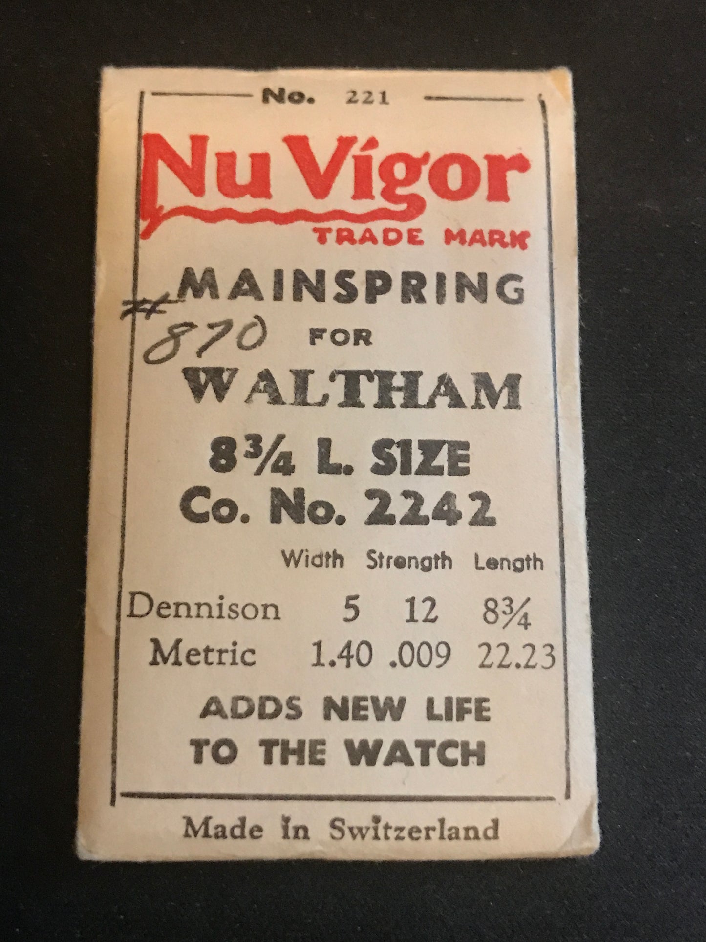 NuVigor Mainspring #221 Waltham No. 2242 for 8¾ Ligne Model 870 - Steel