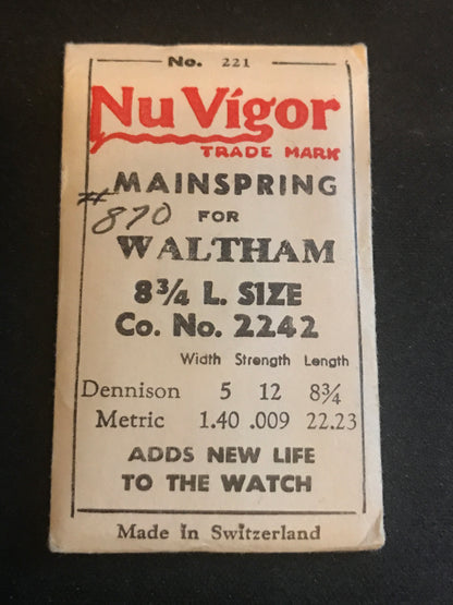 NuVigor Mainspring #221 Waltham No. 2242 for 8¾ Ligne Model 870 - Steel