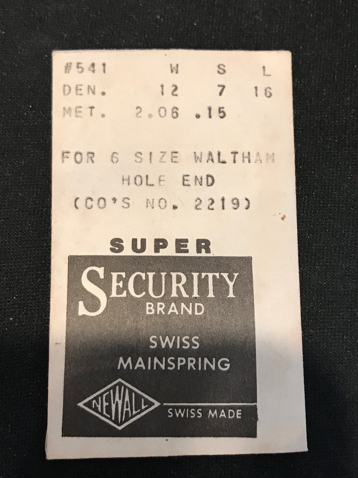 Newall SUPER Security Mainspring #541 for 6s Waltham Factory No. 2219 - Alloy