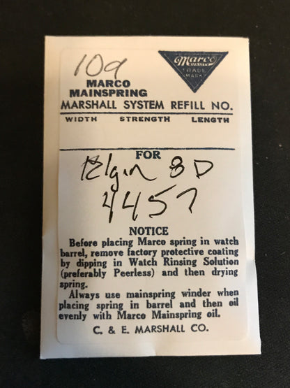 Marco Mainspring #109 for Elgin 37s 8 Day Clocks No. 4457 - Steel