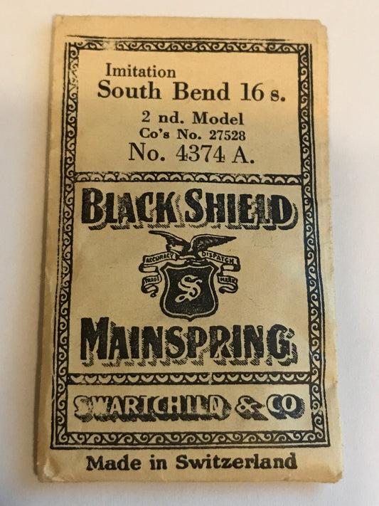 Swartchild Black Shield Mainspring #4374A for 16s South Bend No. 27528 - Steel