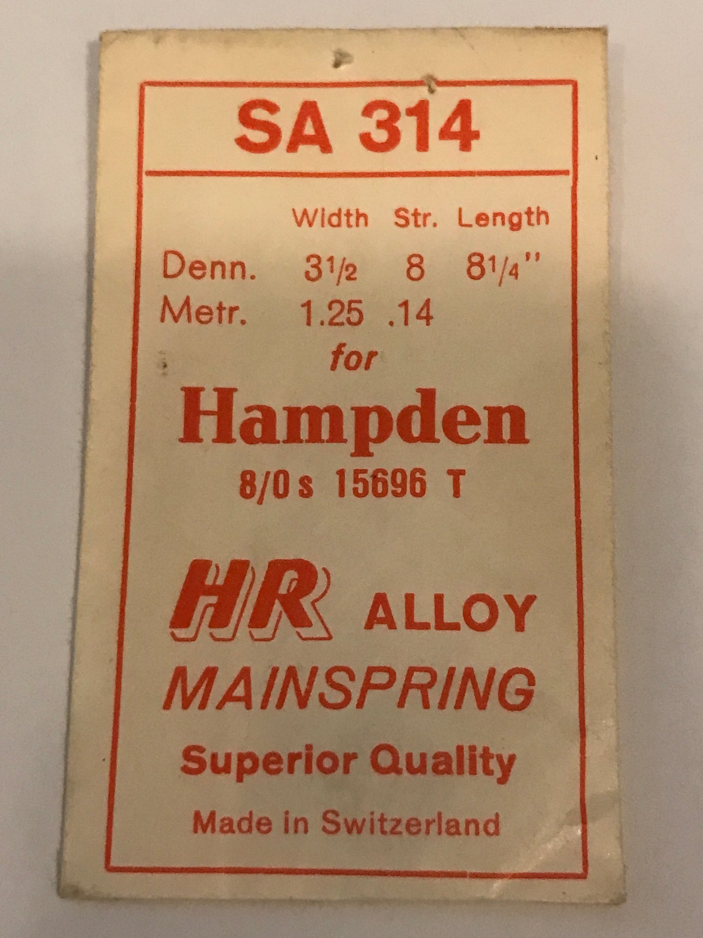 HR Mainspring SA314 for 8/0s Hampden Factory No. 15696 - Alloy