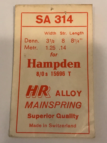 HR Mainspring SA314 for 8/0s Hampden Factory No. 15696 - Alloy